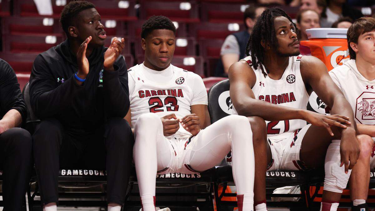 South Carolina Gamecocks forward Gregory “GG” Jackson II (23) sits on the bench during South Carolina’s game against visiting Vanderbilt at Colonial Life Arena in Columbia on Tuesday, February 14, 2023.