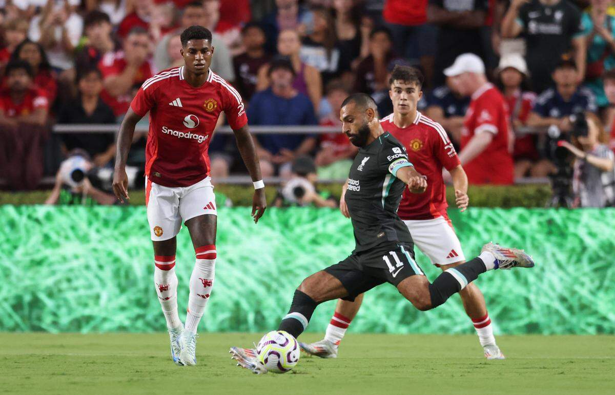 Liverpool forward Mohamed Salah (11) takes a shot during the Rivals in Red International Friendly soccer match between Manchester United and Liverpool in Columbia on Saturday, August 3, 2024.