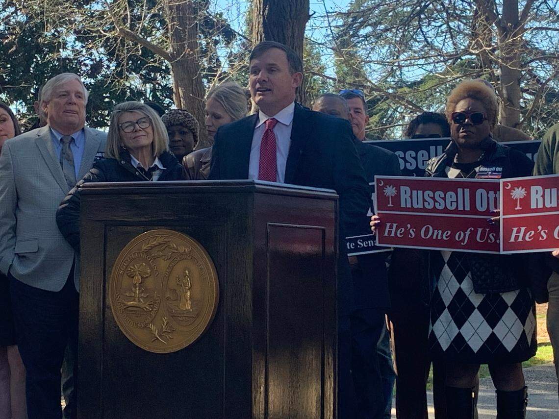 State Rep. Russell Ott, D-Calhoun, kicks off his campaign for state Senate District 26, on Tuesday, Feb. 13, 2024, during a news conference outside of the State House.