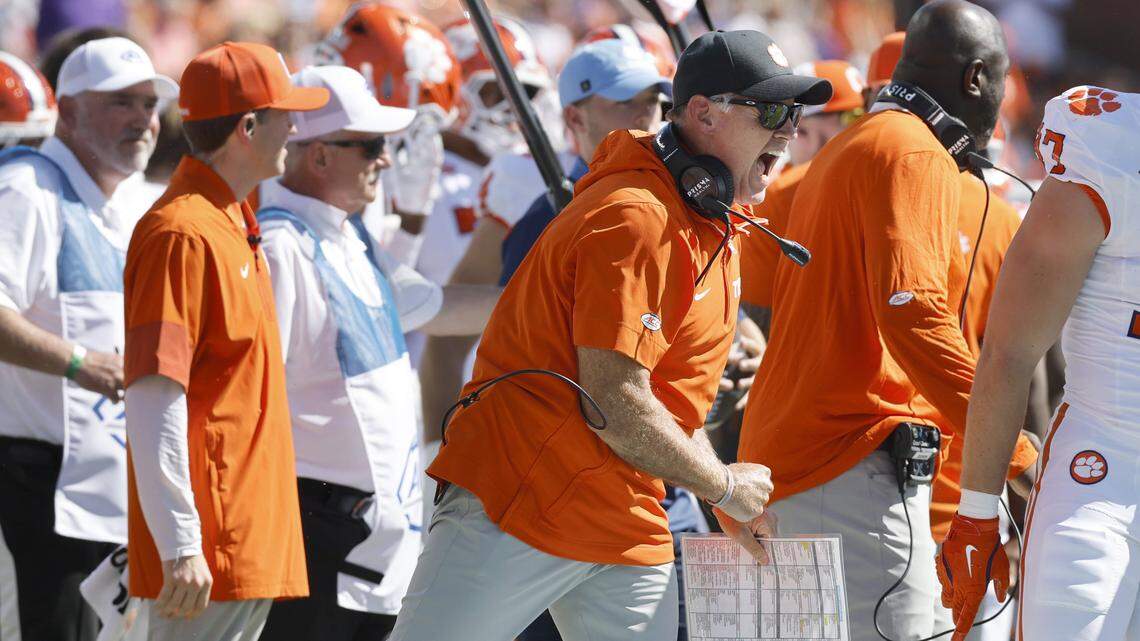 Clemson defensive coordinator Tom Allen during the first half of the football game against North Carolina at Kenan Stadium in Chapel Hill, N.C.., Sat. Oct. 4, 2025.
