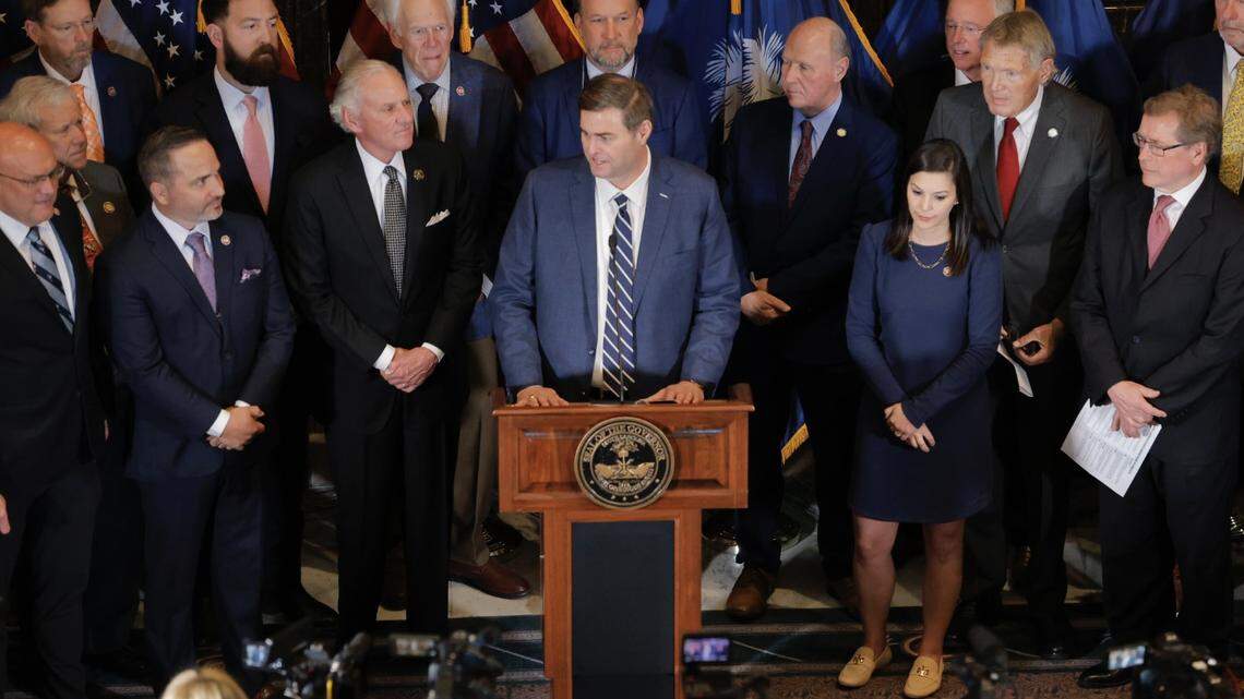 Alongside Gov. Henry McMaster and other state House and Senate leaders, House Speaker Murrell Smith, R-Sumter, discusses a state income tax reform proposal to create a flat tax of 3.99%.