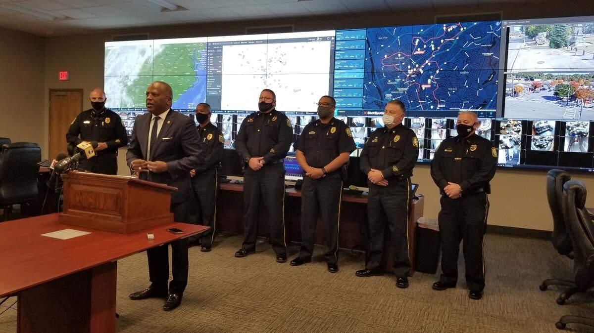 Columbia Mayor Steve Benjamin, center, and Columbia Police Department command staff members including Chief Skip Holbrook, far left, address reporters on Tuesday, Nov. 9, 2021 at the city’s real time crime and emergency operations center.