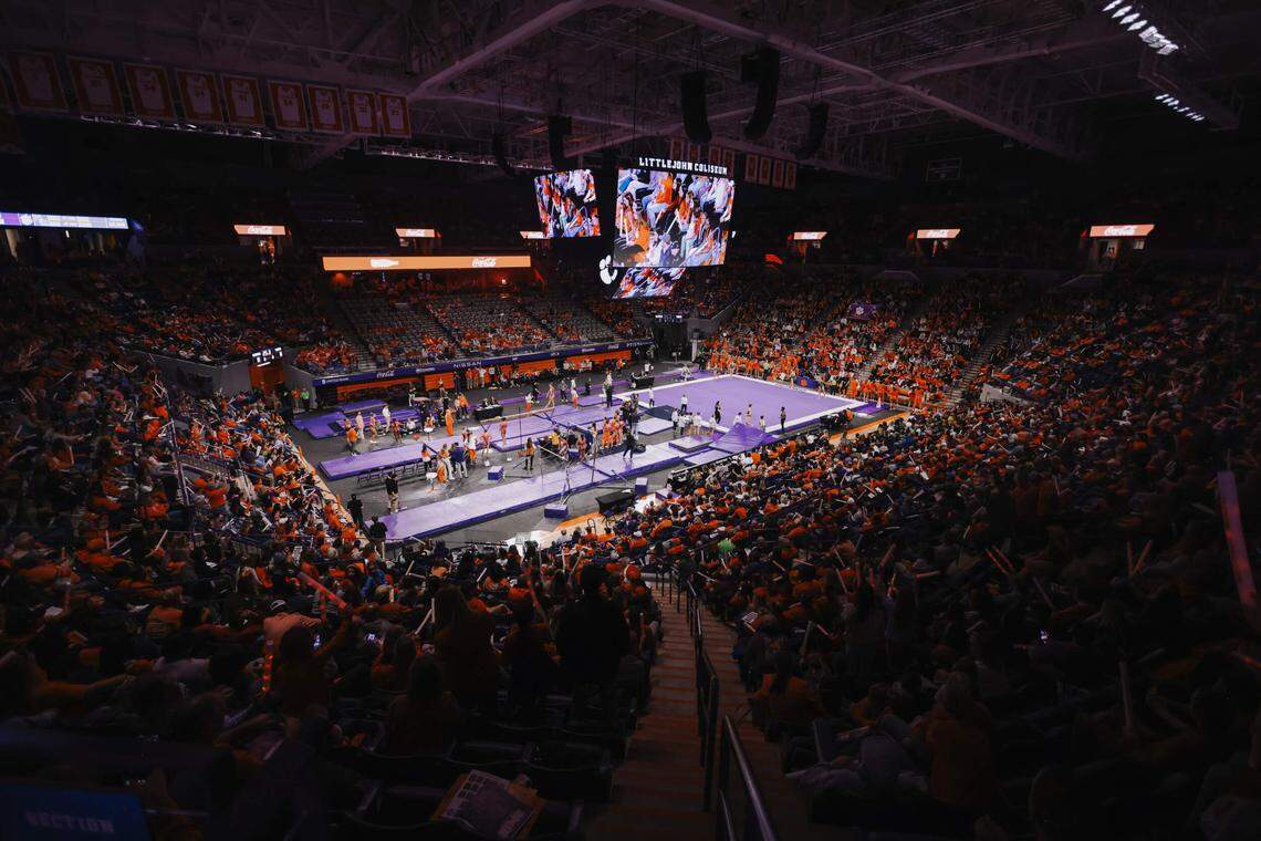 Clemson gymnastics hosts meets at Littlejohn Coliseum (also home to Clemson’s men’s and women’s basketball)