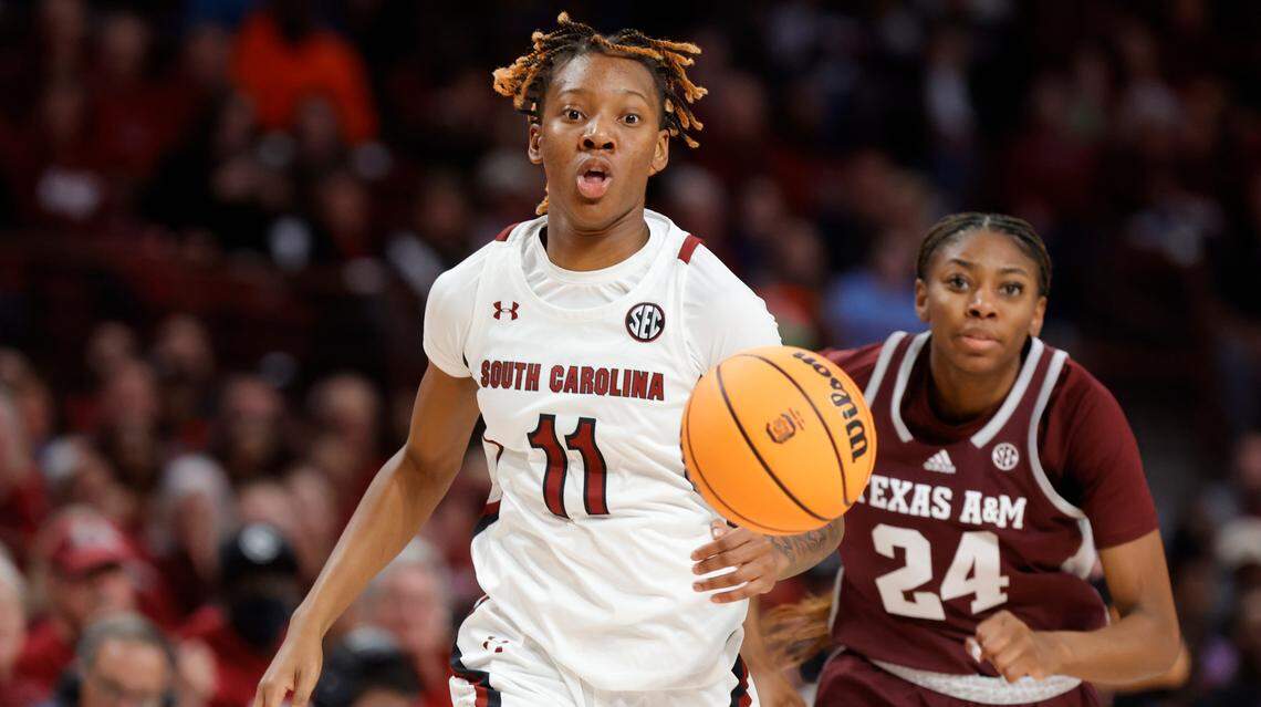 South Carolina’s Talaysia Cooper (11) drives the ball downcourt during the first half of action against Texas A&M in the Colonial Life Arena on Thursday, Dec. 29, 2022.