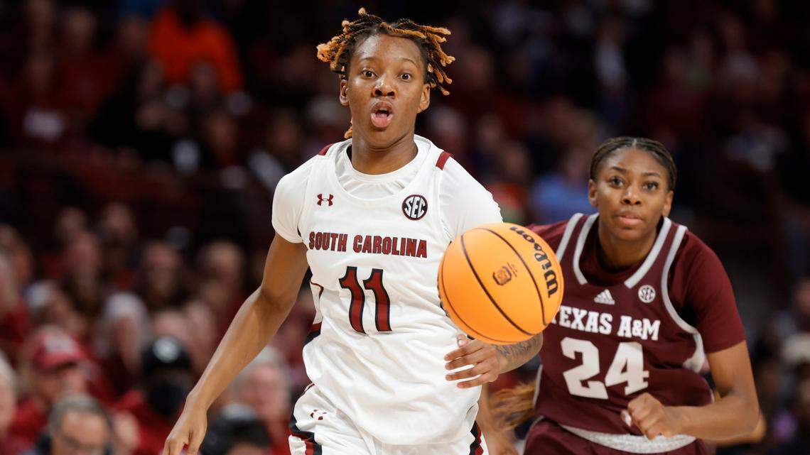 South Carolina’s Talaysia Cooper (11) drives the ball downcourt during the first half of action against Texas A&M in the Colonial Life Arena on Thursday, Dec. 29, 2022.