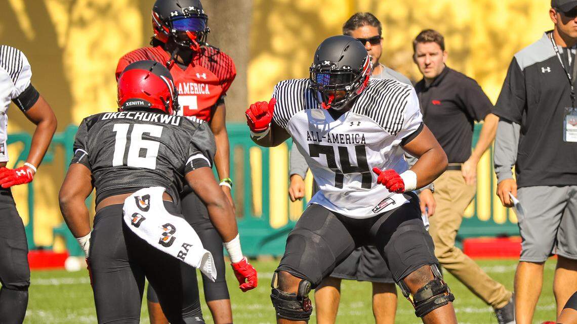 No. 74 Dylan Wonnum at Under Armour All-America football practice