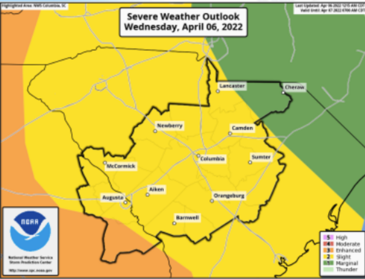 The National Weather Service is forecasting severe weather for the central and southern Midlands Wednesday April 6.