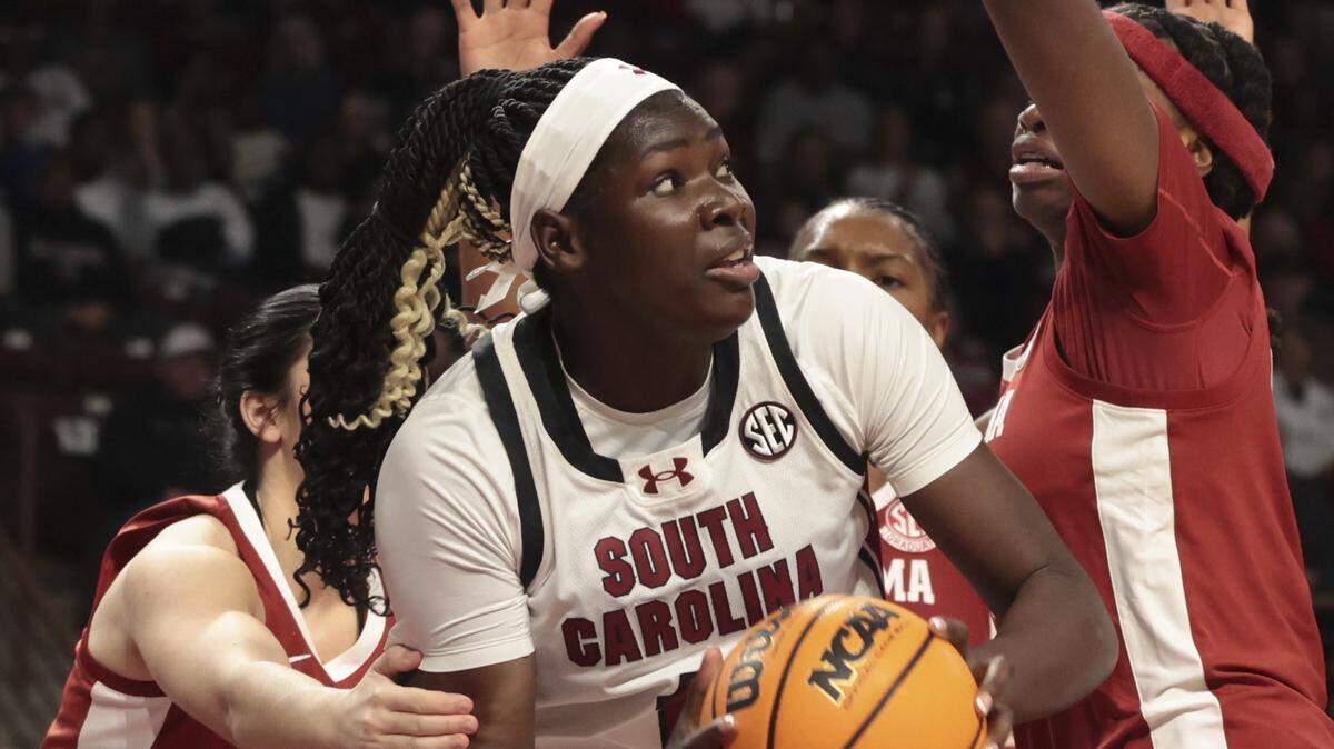 South Carolina's Madina Okot (11) looks to shoot as Alabama defends during the first half of action of their women's basketball game at Colonial Life Arena on Thursday, Jan. 1, 2026.