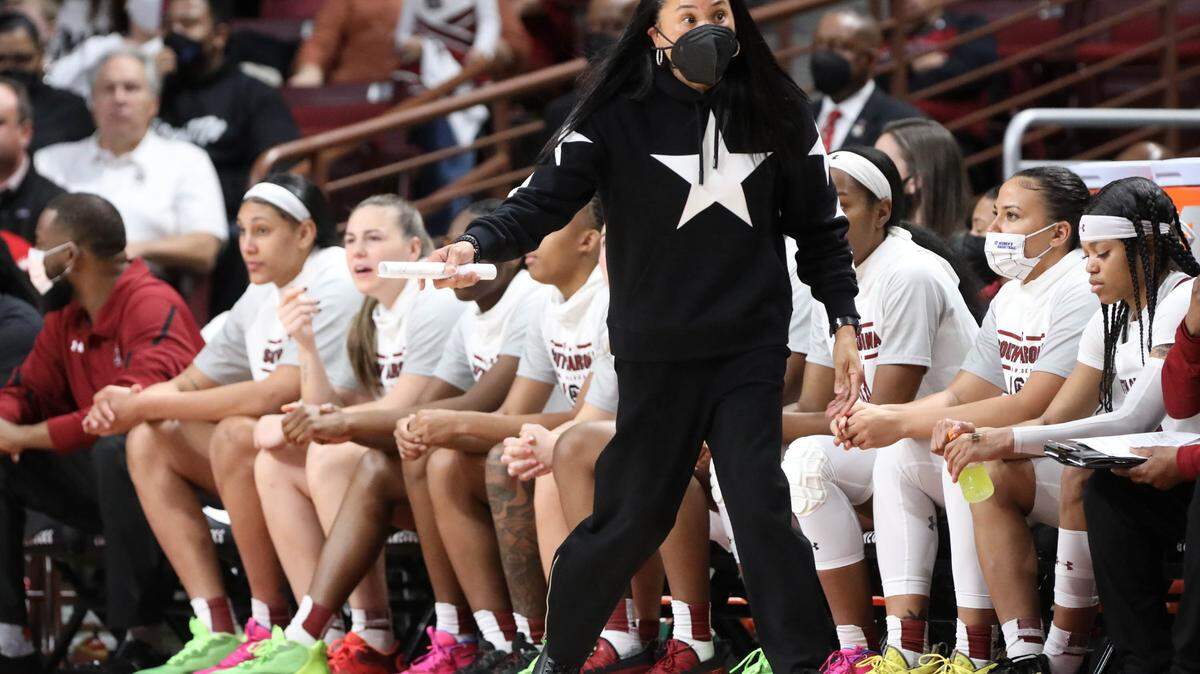 University of South Carolina Head Coach Dawn Staley objects to a call during the first half of action against Stanford on Tuesday, Dec. 21, 2021 in the Colonial Life Arena.