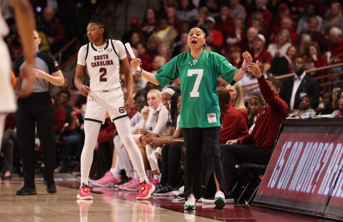 South Carolina head coach Dawn Staley yells to her team during the Gamecocks’ game against Kentucky at Colonial Life Arena in Columbia on Monday, January 15, 2024.