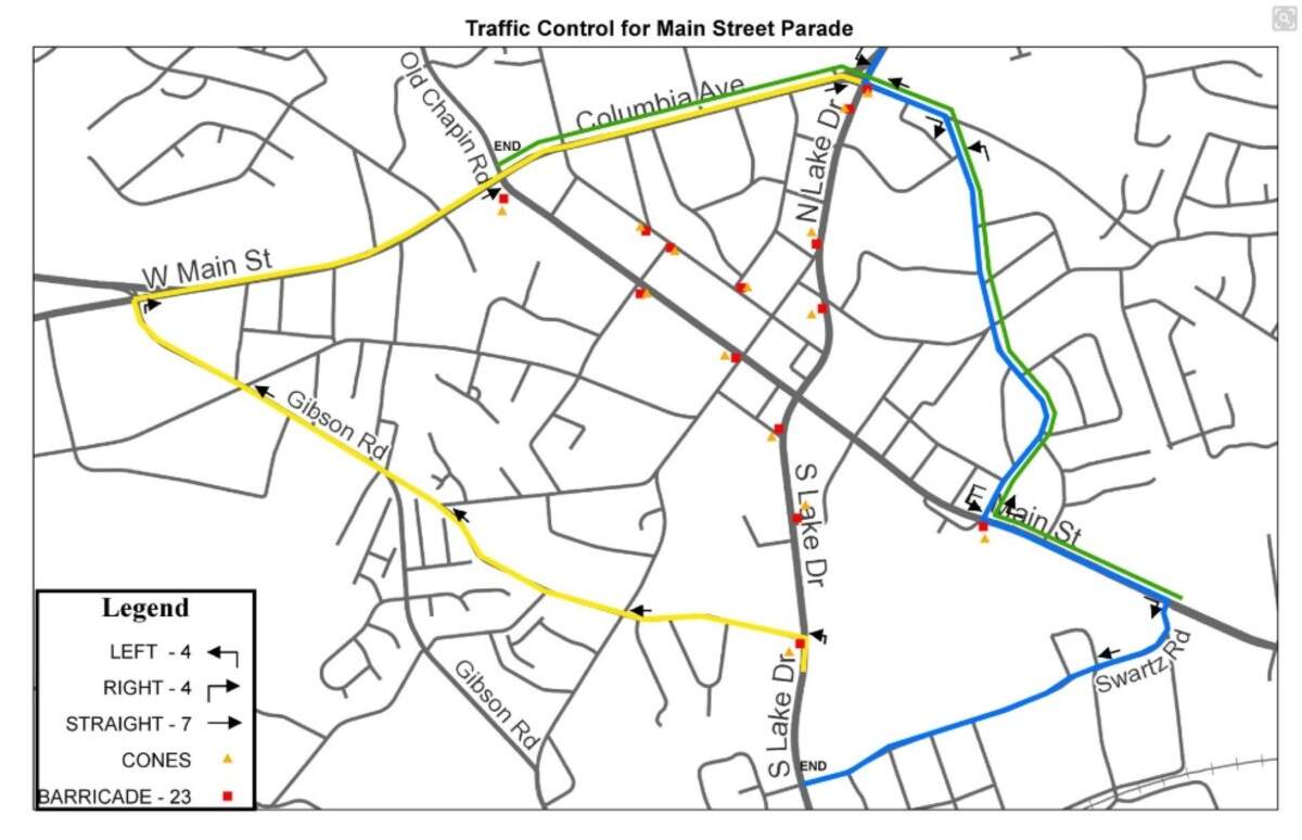 Map of road blocks and detours for the 2019 Shamrock Parade in downtown Lexington. Main Street is closed from 1:45 p.m. to around 3:30 p.m.