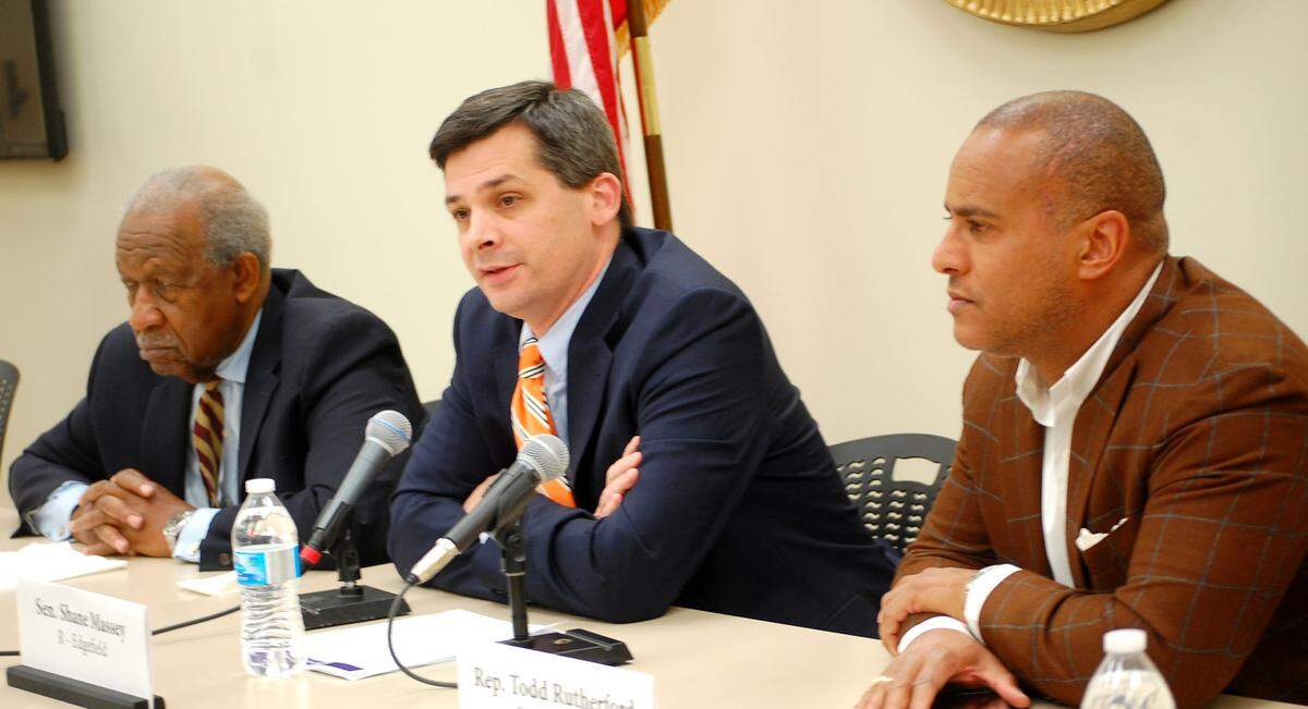 Senate Majority Leader Shane Massey (center) speaks at the S.C. Press Association’s annual legislative conference.