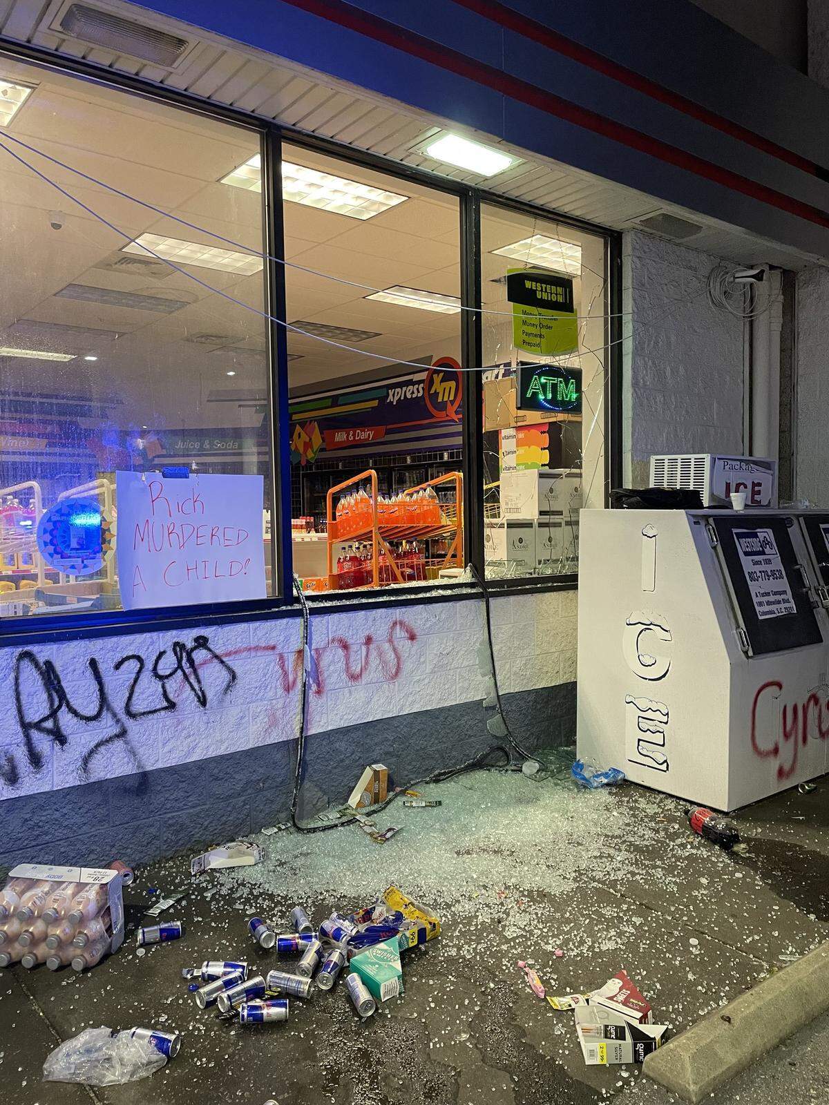 A convenience store owned by a man charged with murder was vandalized, the Richland County Sheriff’s Department said.