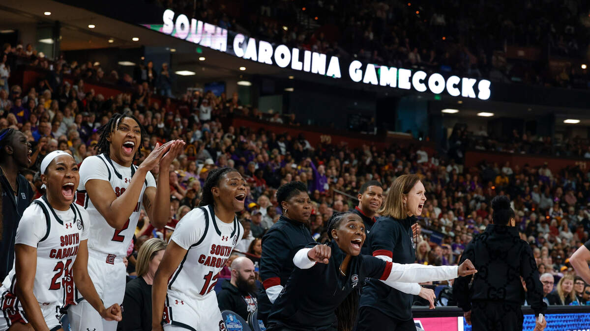 The South Carolina Gamecocks celebrate during the first half of action against LSU in the SEC Tournament Championship game at Bon Secours Wellness Arena in Greenville on Sunday, Mar. 10, 2024.