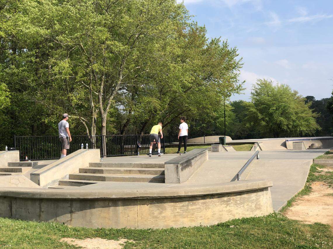 Skateboarders at Owens Field Park test their balance Sunday, first day of Columbia’s stay at home order.