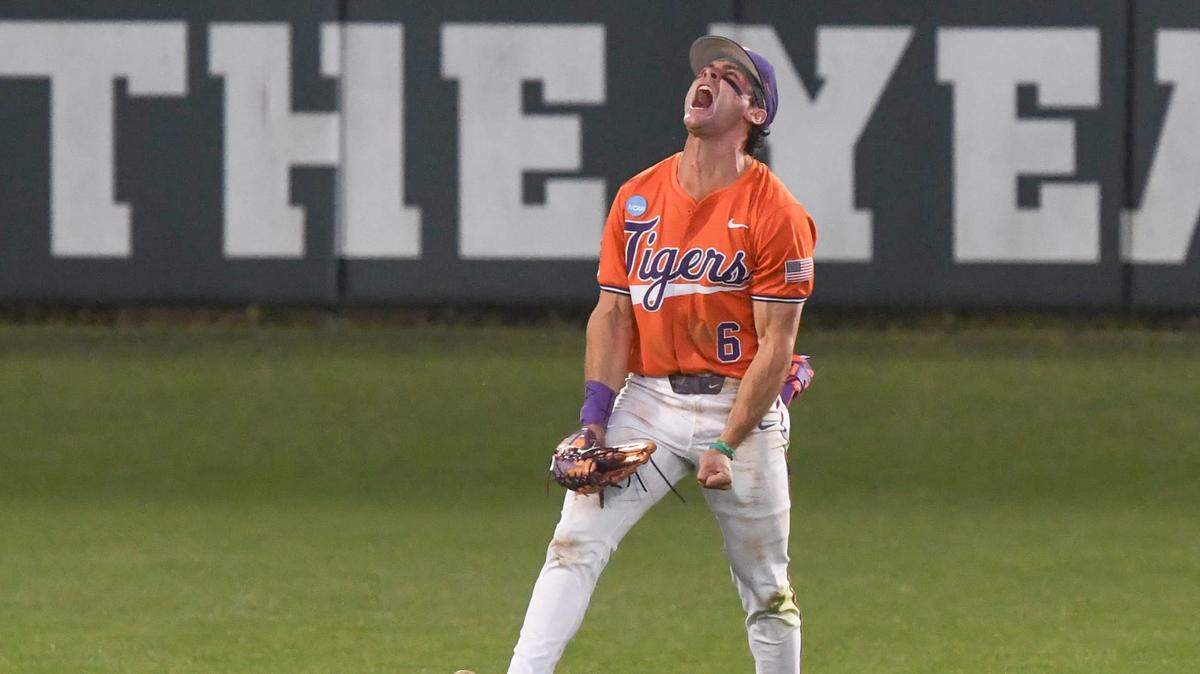 Clemson outfielder Dominic Listi (6) reacts after making a diving catch for the third out against University of South Carolina Upstate during the top of the fifth inning at the NCAA baseball Clemson Regional at Doug Kingsmore Stadium in Clemson, S.C. Friday, May 30, 2025.