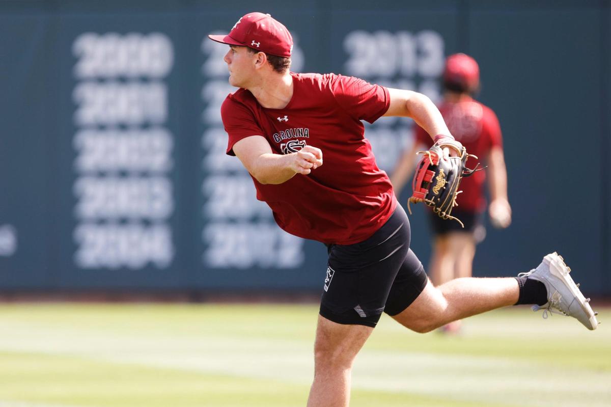 South Carolina’s Ethan Petry (20) practices baseball at Founders Park on Thursday, June 1, 2023.