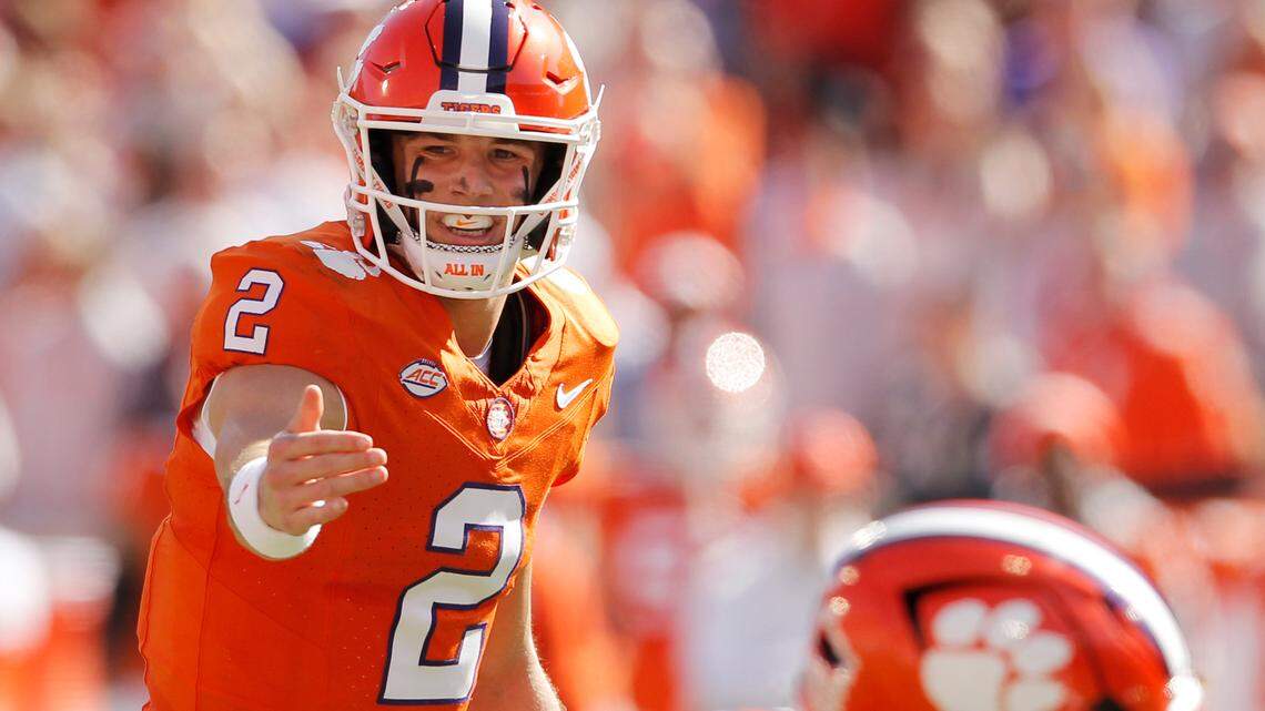 Clemson quarterback Cade Klubnik (2) is seen against Notre Dame during first-half action in Clemson, S.C. on Saturday, Nov. 4, 2023. (Travis Bell/SIDELINE CAROLINA)