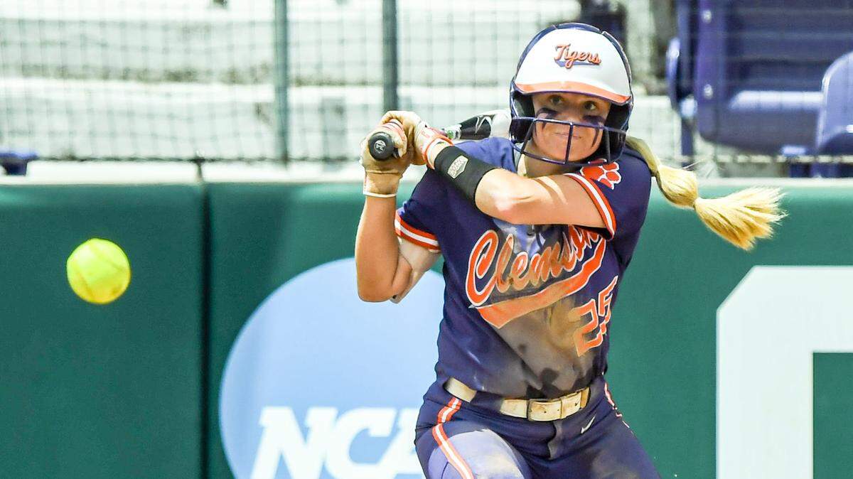 Clemson senior Alex Brown (25) hits against Kentucky during the top of the fifth inning of the NCAA Softball Clemson Regional at McWhorter Stadium in Clemson Sunday, May 18, 2025.
