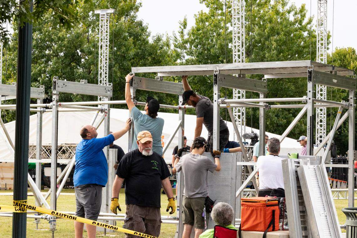 Crews set up for the broadcast of College GameDay at Gamecock Park on Thursday Sept. 12, 2024.
