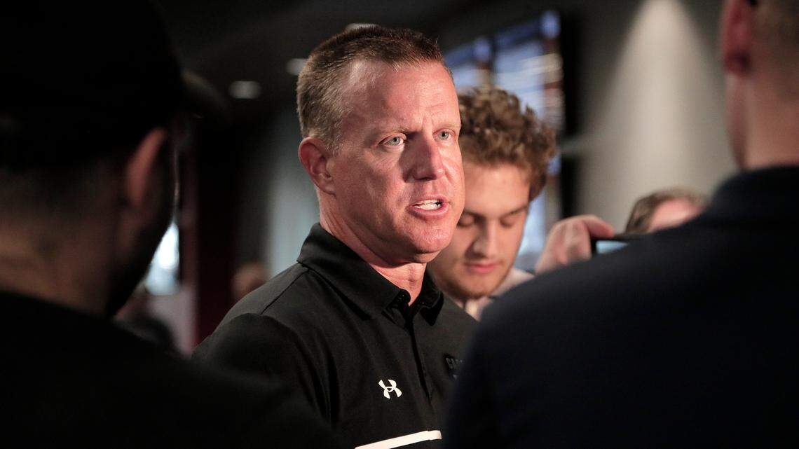 South Carolina baseball coach Mark Kingston speaks with reporters after the Gamecocks held a selection show watch party inside the Cookaboose Club in Williams-Brice Stadium on Monday, May 29.