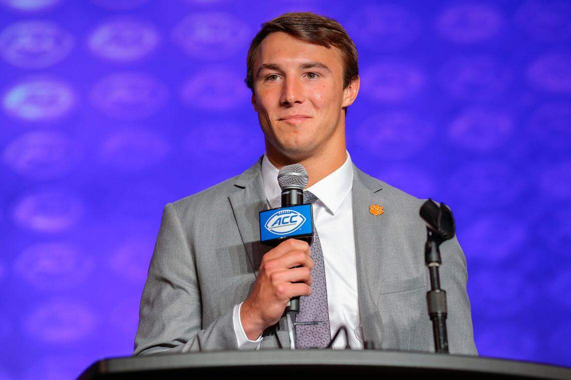 Jul 27, 2023; Charlotte, NC, USA; Clemson quarterback Cade Klubnik answers questions from the media during the ACC 2023 Kickoff at The Westin Charlotte. Mandatory Credit: Jim Dedmon-USA TODAY Sports