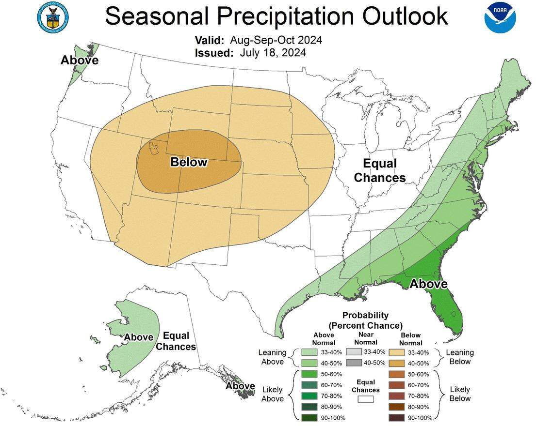 A U.S. map that shows rain chances from August through October.