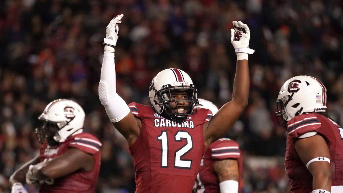 South Carolina defensive back Jaylan Foster (12) celebrates a play during the second half of an NCAA college football game against Florida Saturday, Nov. 6, 2021, in Columbia, S.C. South Carolina won 40-17. (AP Photo/Sean Rayford)