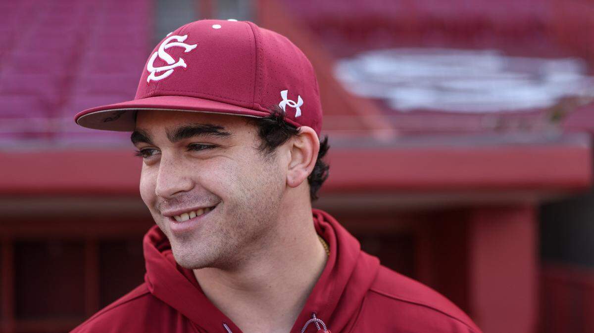 South Carolina pitcher Eli Jerzembeck (18) is seen during Media Day at Founders Park in Columbia on Friday, January 24, 2025.