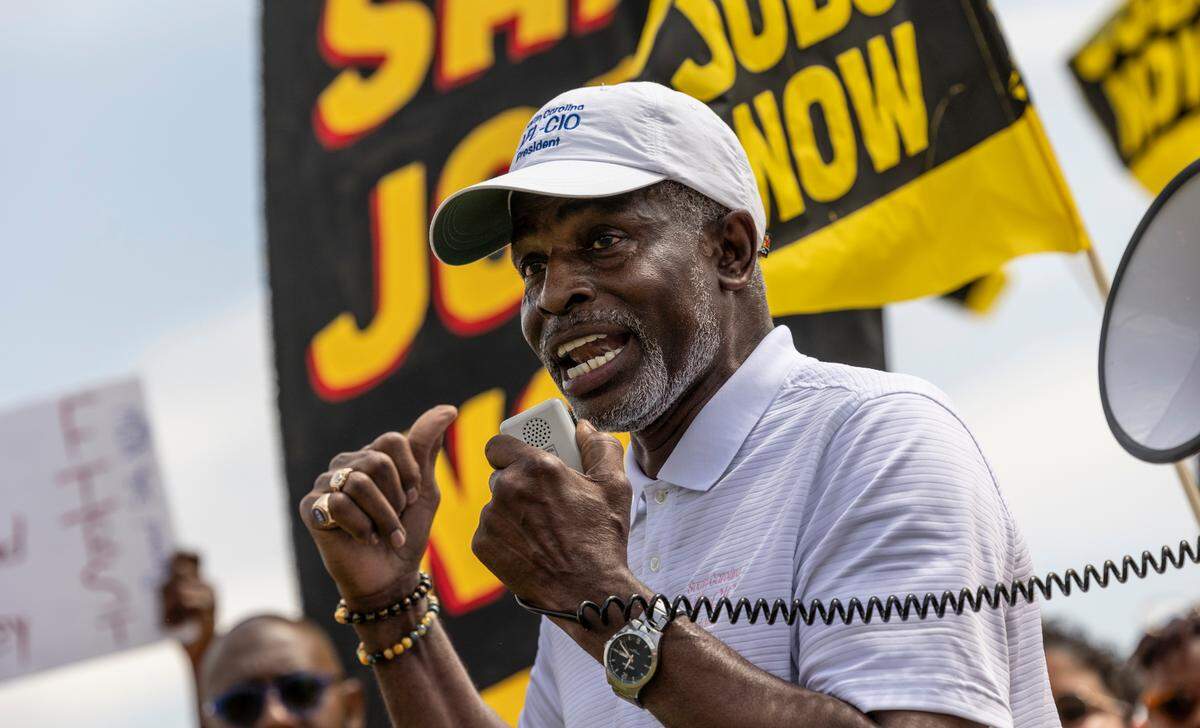 Charles Brave, President of South Carolina AFL-CIO, speaks during a rally supporting fast food, retail and warehouse workers outside the Ryder warehouse in Columbia on Tuesday, April 04, 2023.