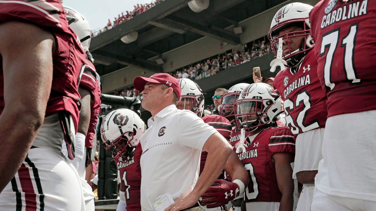 South Carolina Gamecocks head coach Shane Beamer waits with his team to take the field before they play Georgia at Williams-Brice Stadium on Saturday, September 17, 2022.