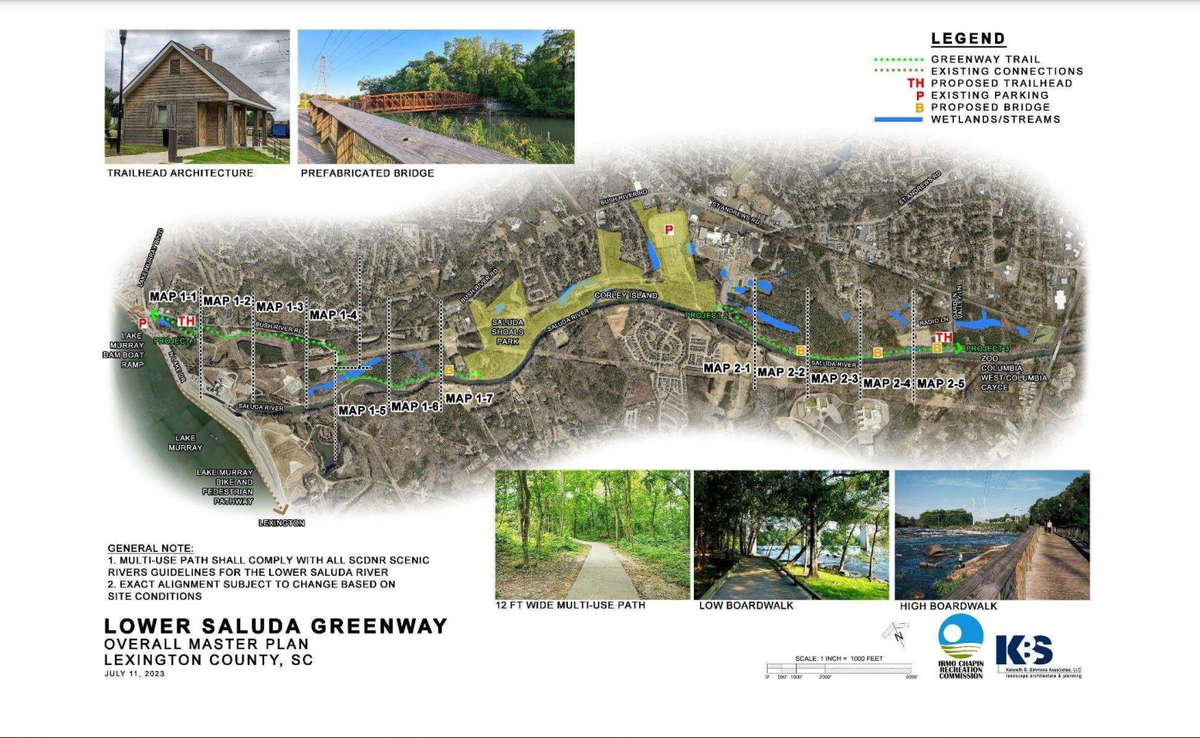 A map showing the planned path of the Lower Saluda Greenway.