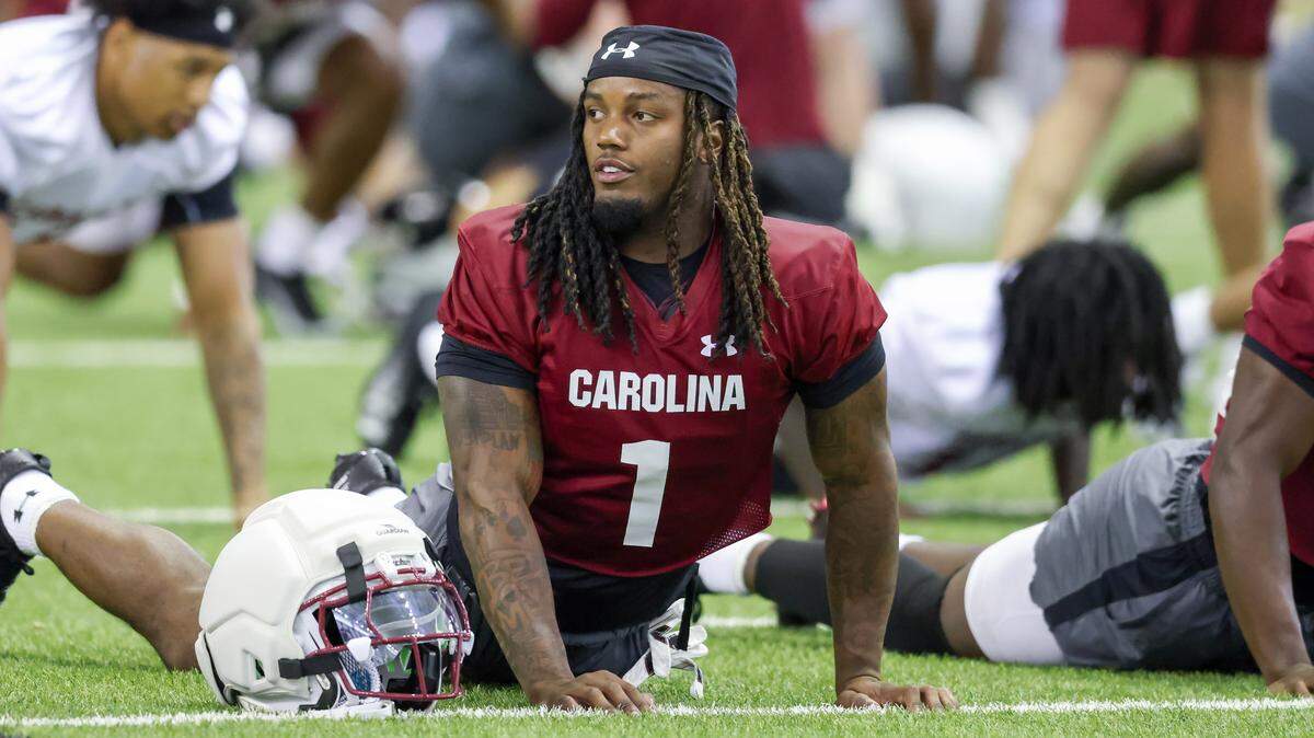 South Carolina running back Rahsul Faison (1) warms up during practice in Columbia on Saturday, August 2, 2025.
