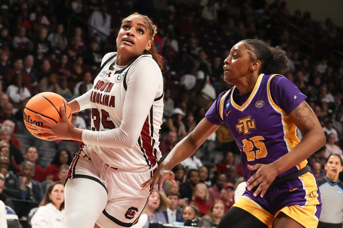 University of South Carolina’s Sakima Walker (35) drives to the basket as Tennessee Tech’s Taris Thornton (25) pressures during the second half of action in the First Round game of the NCAA Tournament at the Colonial Life Arena on Friday, March 21, 2025.