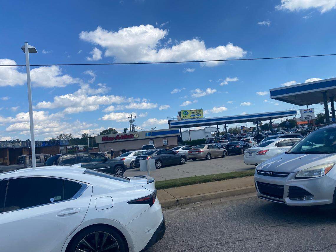 Residents are seeing long lines for gas at the few open gas stations in Greenwood, South Carolina on Saturday, Sept. 28, 2024.