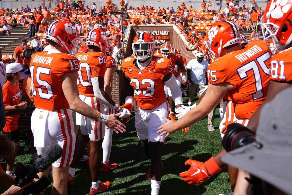 Sep 23, 2023; Clemson, South Carolina, USA; Clemson Tigers defensive tackle Ruke Orhorhoro (33) enters the field prior to a game against the Florida State Seminoles at Memorial Stadium.