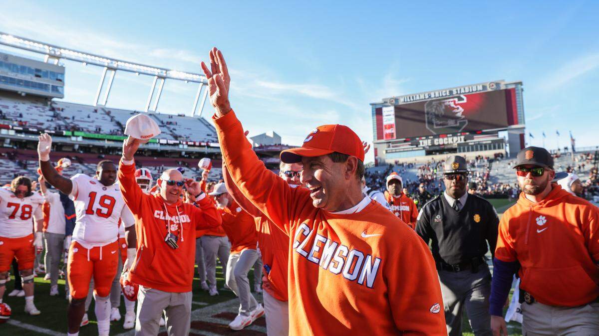 Clemson head coach Dabo Swinney celebrates following South Carolina’s loss to Clemson at Williams-Brice Stadium in Columbia on Saturday, November 29, 2025.