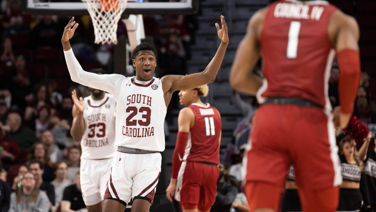 South Carolina Gamecocks forward Gregory “GG” Jackson II (23) tries to liven up the crowd during South Carolina’s game against visiting Arkansas at Colonial Life Arena in Columbia on Saturday, February 4, 2023.