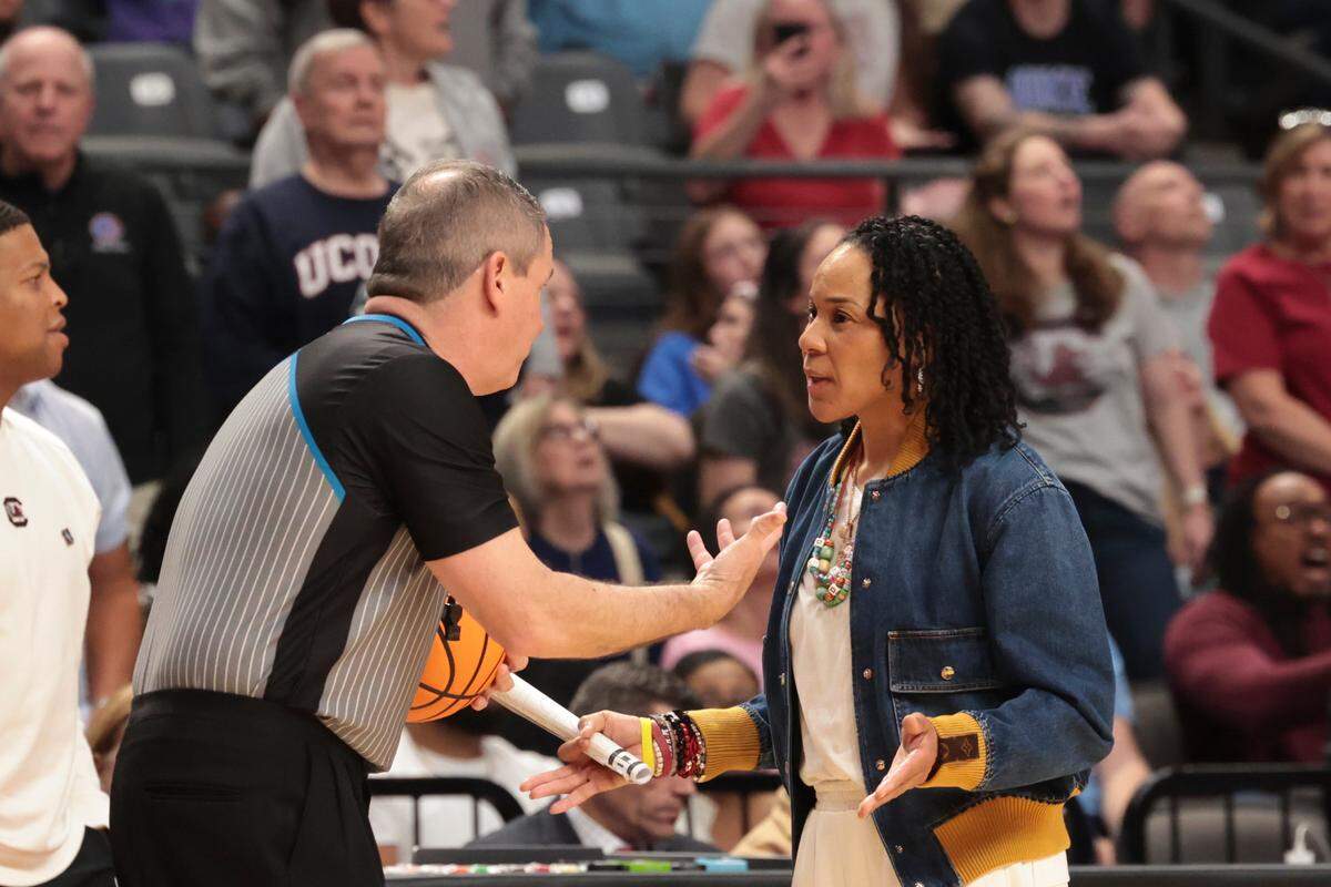 University of South Carolina Head Coach Dawn Staley discusses a call during the second half of action against Maryland at the Legacy Arena in Birmingham on Friday, March 28, 2025 in the Birmingham 2 regional of the NCAA Tournament.