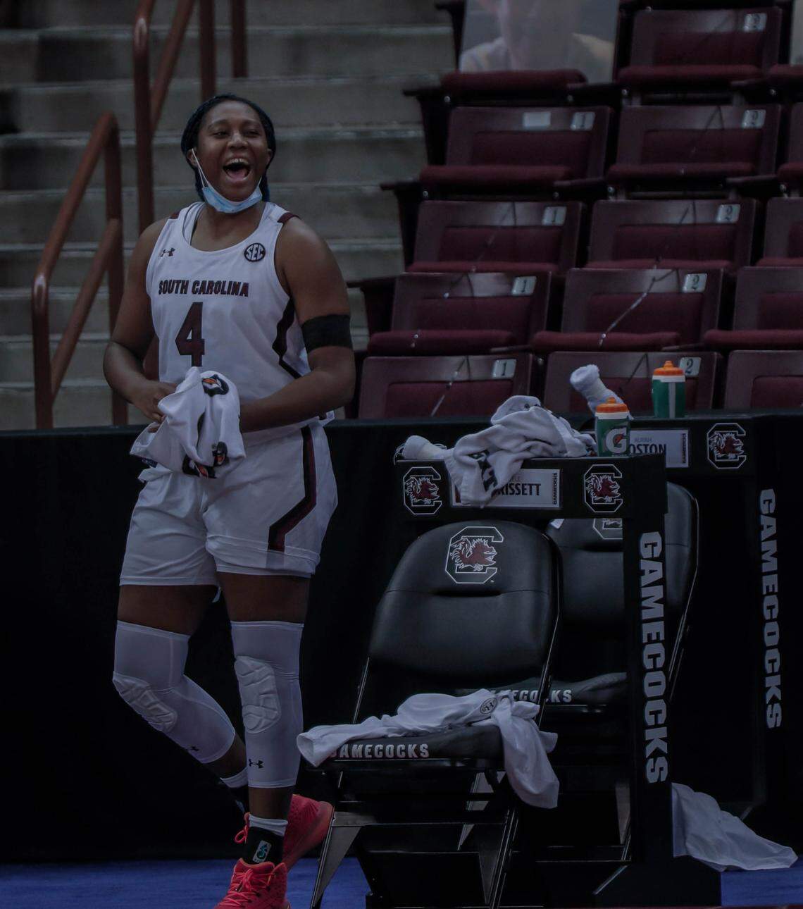 South Carolina Gamecocks forward Aliyah Boston (4) tells to the team during the second half of action against the Temple Owls at the Colonial Life Arena.