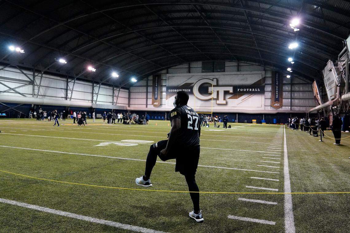 Georgia Tech punter Pressley Harvin III participates in the school’s pro day football workout