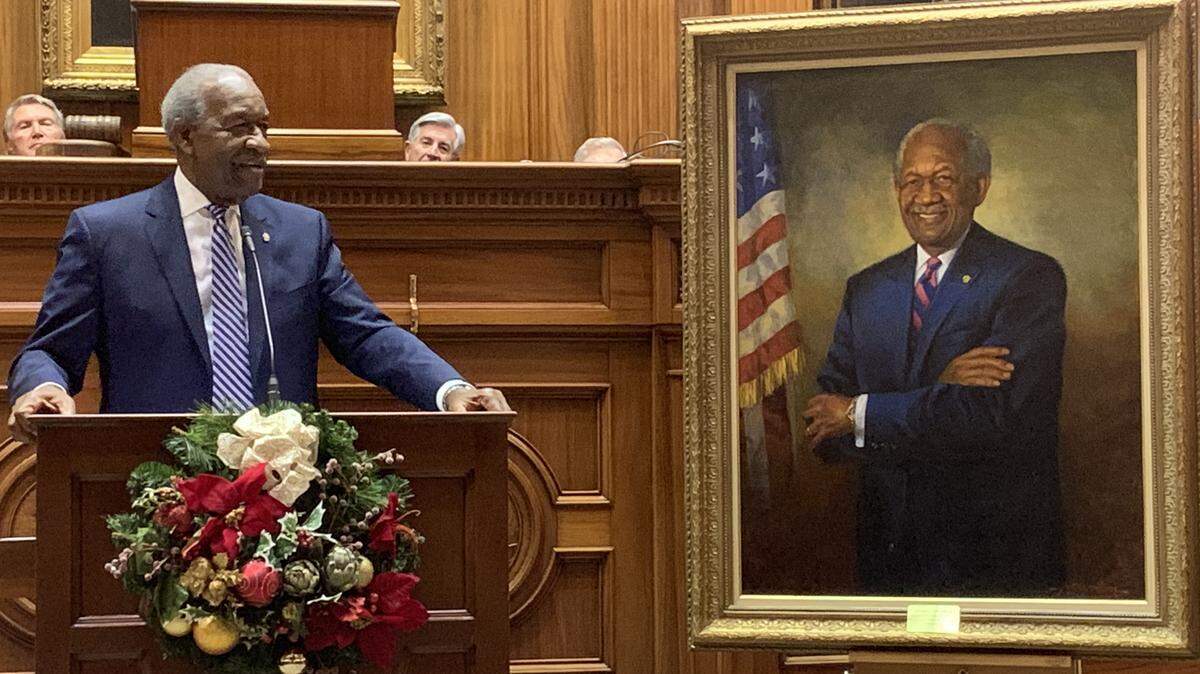 State Sen. John W. Matthews Jr. speaks on Thursday, Dec. 19, 2019, during the unveiling of his portrait in the Senate chamber. Matthews is the longest serving African American in history of the state legislature.