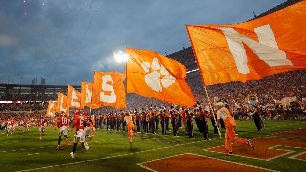 The Clemson football team enters the field after running down the hill before the Stanford game in Clemson, S.C. on Saturday, Sept. 28, 2024.