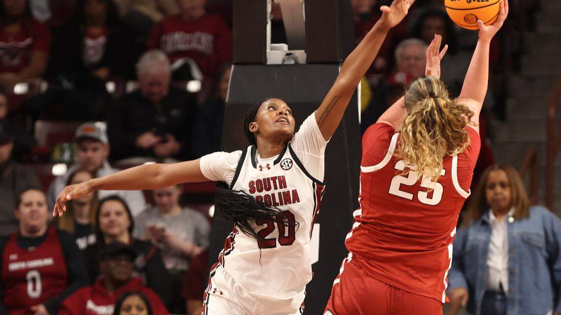 University of South Carolina’s Sania Feagin (20) pressures Arkansas’ Danika Galea (25) during the first half of action in the Colonial Life Arena on Thursday, Feb. 20, 2025.