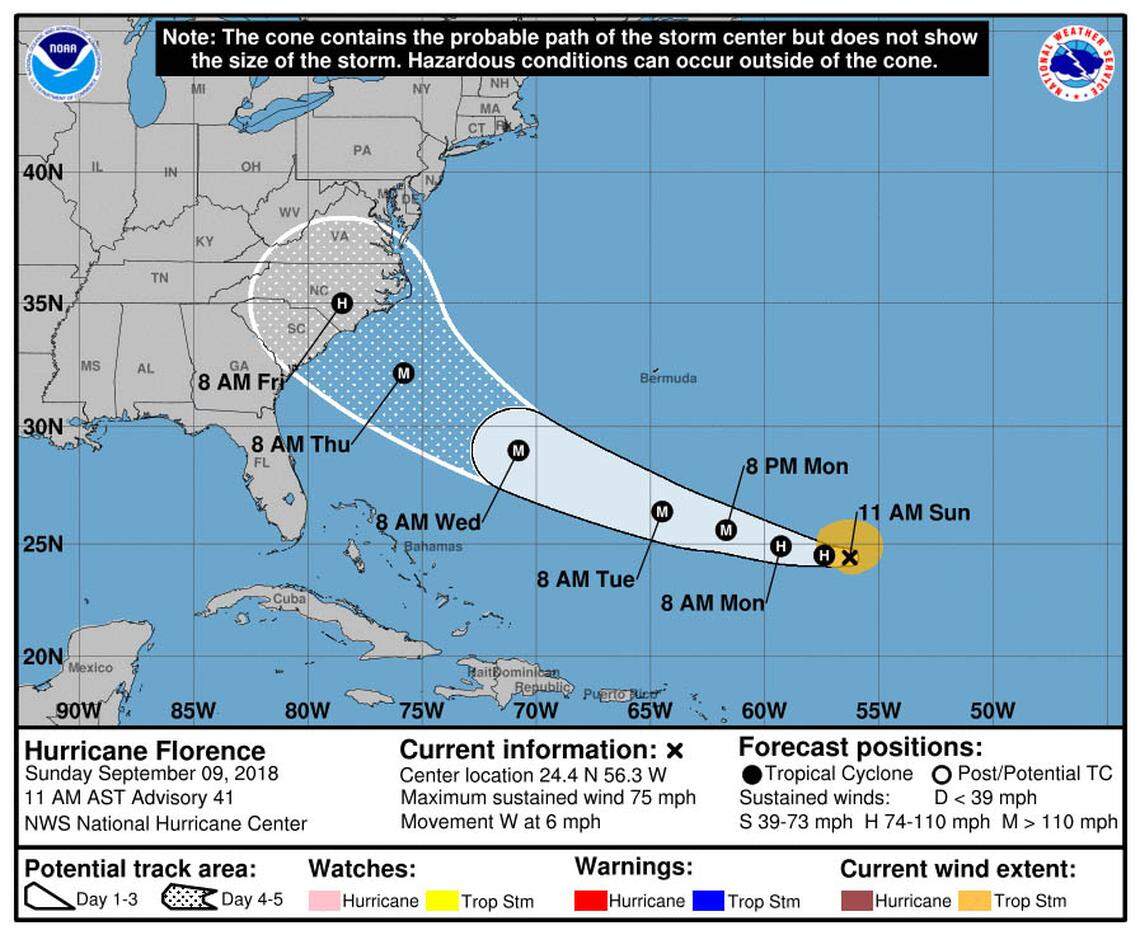 The 11 a.m. Sunday projected path forecast for Hurricane Florence.