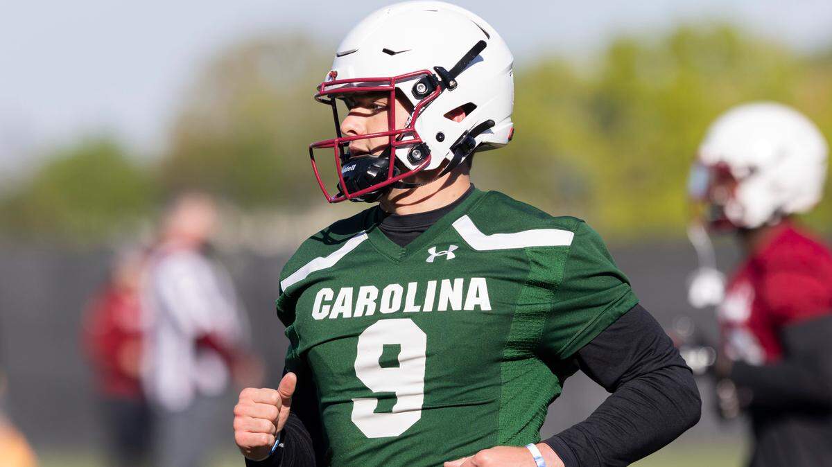 Gamecock quarterback Luke Doty (9) runs drills during practice in Columbia on Tuesday, March 14, 2023.