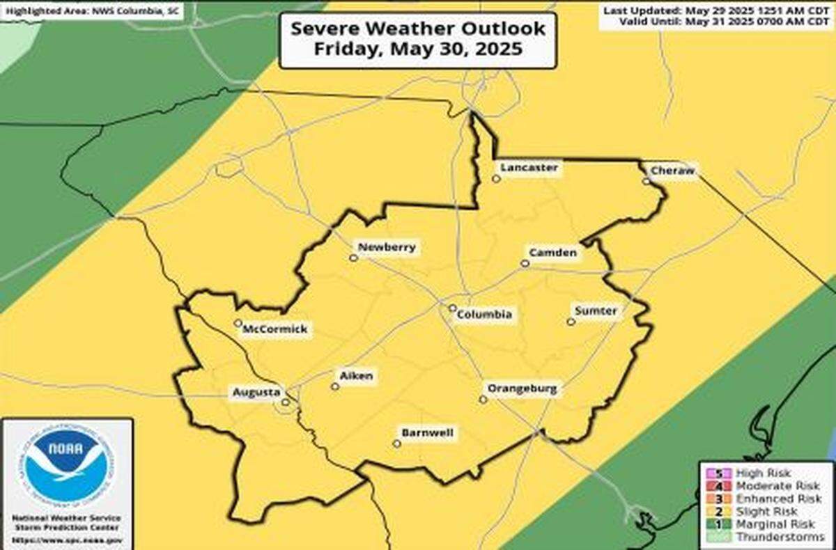 A look at Friday’s severe weather forecast for the Midlands region of South Carolina.