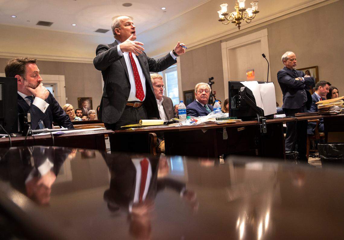Defense attorney Jim Griffin talks to Judge Clifton Newman in the double-murder trial of Alex Murdaugh at the Colleton County Courthouse in Walterboro, Monday, Feb. 6, 2023. Andrew J. Whitaker/The Post and Courier/Pool