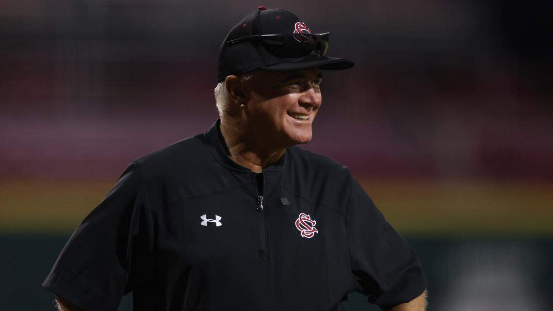 South Carolina head coach Paul Mainieri looks on during the Gamecocks’ scrimmage at Founders Park in Columbia on Thursday, October 3, 2024.