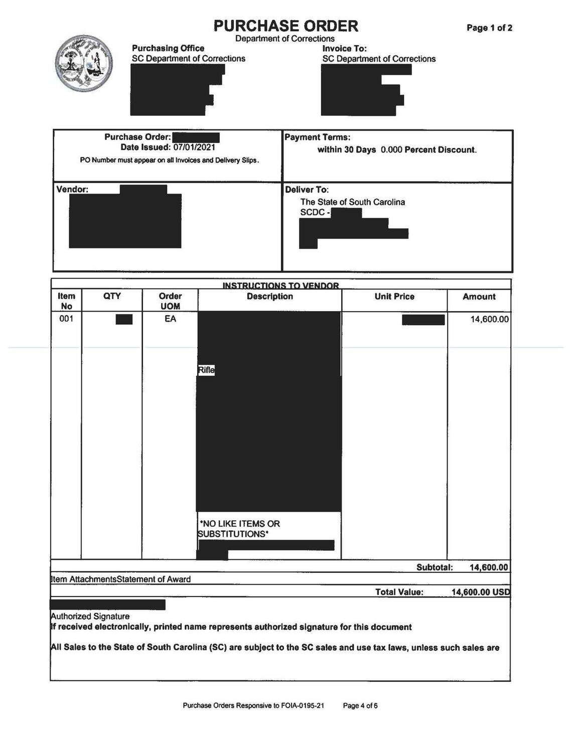 This page of the firing squad purchase orders shows the Department of Corrections bought rifles for $14,600.